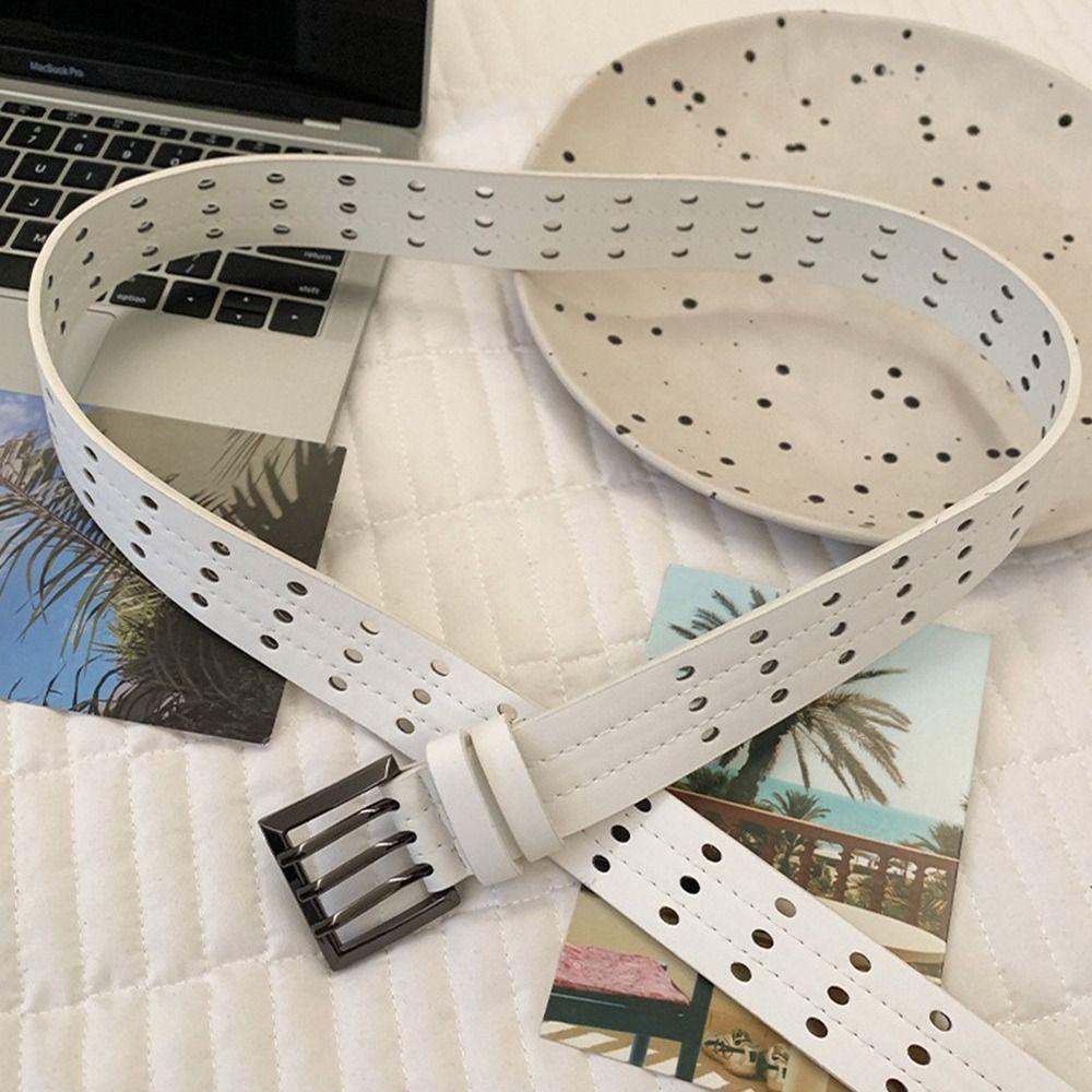 Vintage Three-Row Wide Belt Y2k Women's Dress Jeans Belt Niche Leather Waistband  Spicy Girls