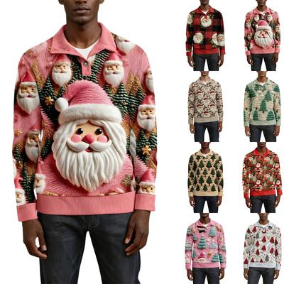 Men's Christmas Cotton Pullover Long Sleeve Outdoor Shirt Vintage Corduroy Button Stand Collar Shirt Casual Sweatshirt Christmas Print Top
