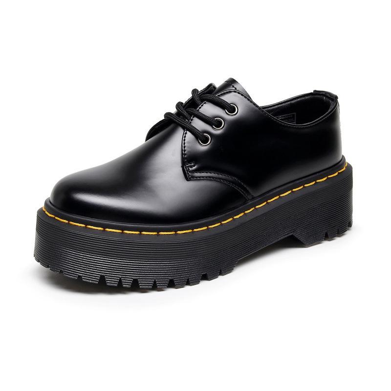 Thick-soled Martin boots leather round head low-top small leather shoes female students thick-soled loose 34 чёрный