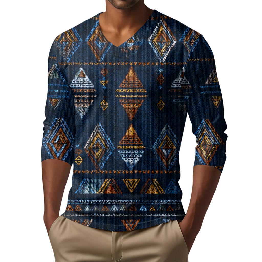Men's V-neck Casual Fashion Printed Long-sleeved T-shirt Top