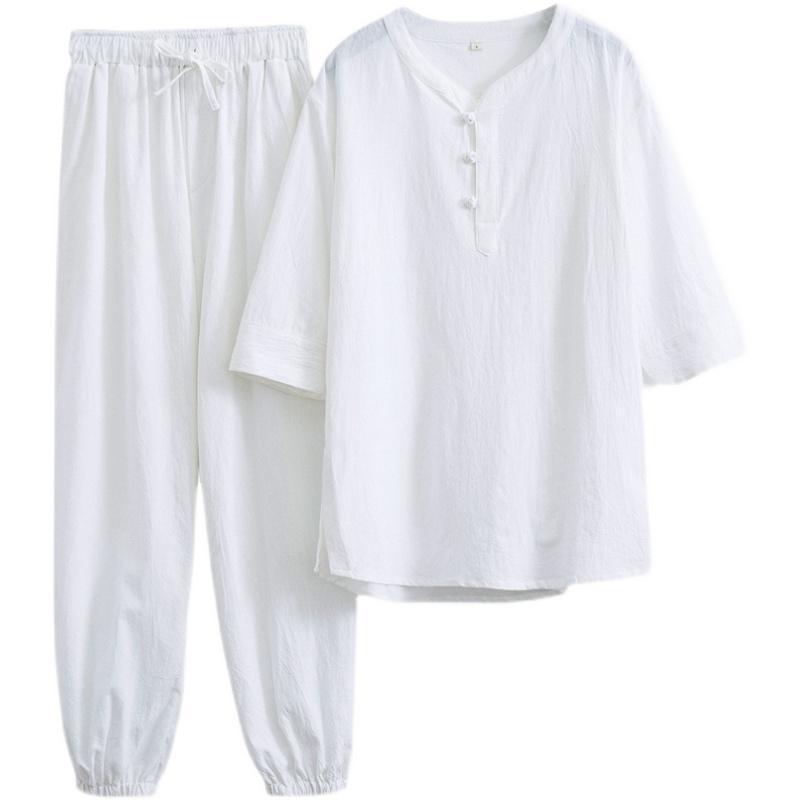 Men's White Zen Buddhist Meditation Suit: Cotton Linen Daoist Robe & Tang-Style Top