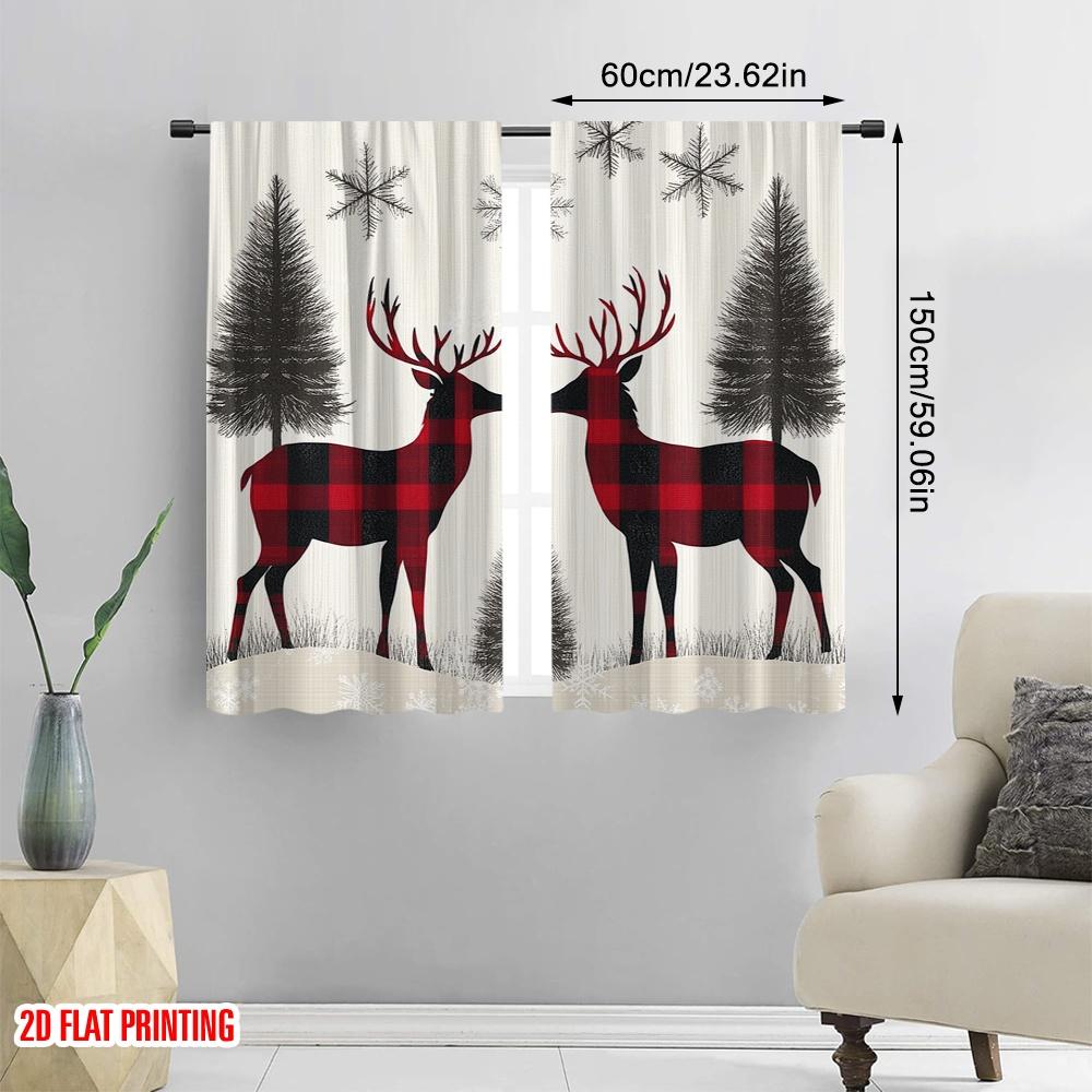 2pcs,2D Plane Printing Curtains Digital Printed Buffalo Plaid Reindeer Snowflakes (2) Polyester Easy Install (without Rod) All