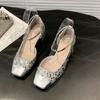 Fashion Fashion Side Empty Single Shoes Summer New Square Head Shallow Mouth Sequin Cloth Crystal Buckle Non-slip Square Heel Shoes