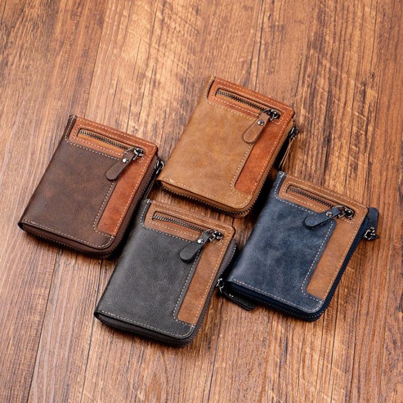 Trendy Luxury Men's Wallet Designer Male Short Zipper Leather 3 Fold Money Clip Card Holder High Quality Retro Coin Purse