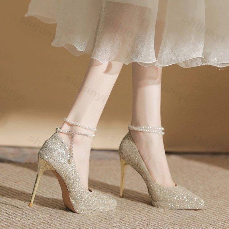 Fashion Women New Wedding Crystal Sequins Pumps Women Party Wedding Bling Glitter High Heels Shoes Ladies High Heels Pearl Chains Shoes