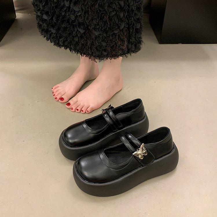 Pantofi Negri cu Cap Mare și Talpă Groasă Femei Vară și Toamnă Înălțați Pantofi Simpli Mary Jane la Modă și Confortabili