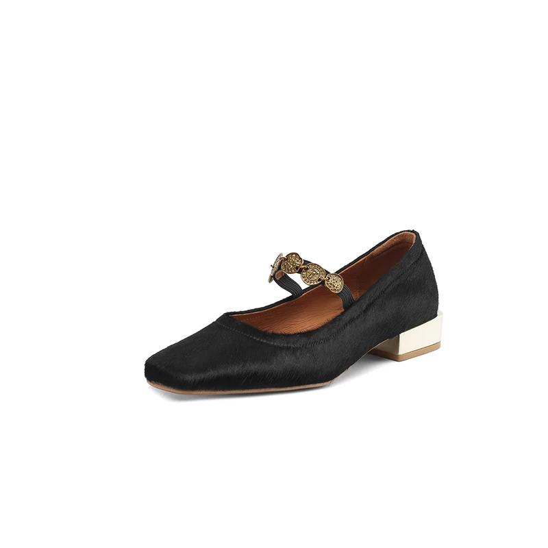 Fashion 2025 Spring Women Pumps Square Toe Low Heel Horsehair Women Shoes Leopord Shallow Button Mary Janes Ladies Shoes