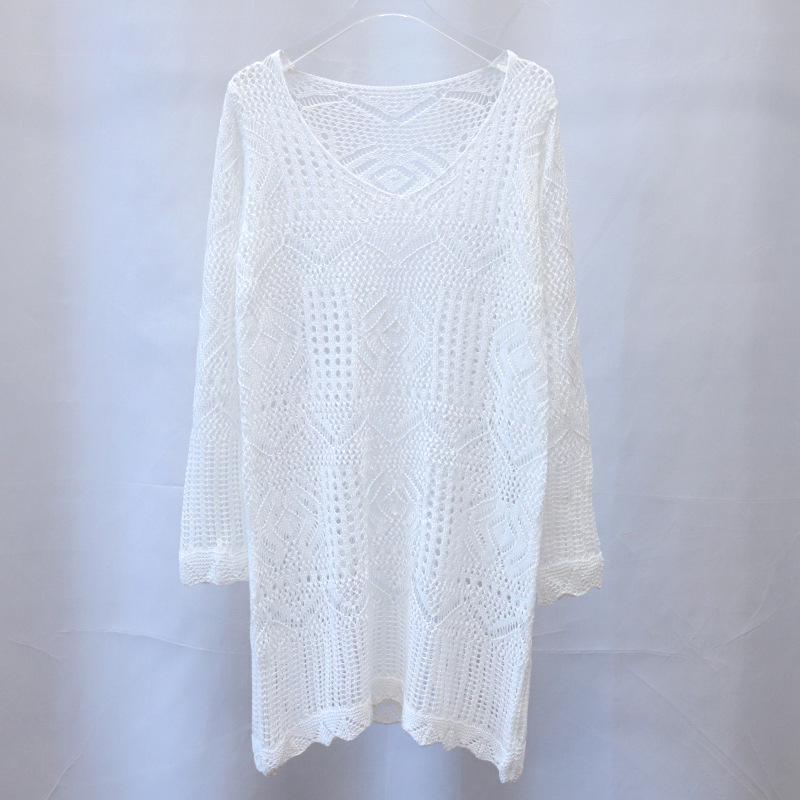 2024 Exklusives weißes Strandkleid aus Hohlspitze, gestrickt – Rundhalsausschnitt, sexy Blusenrock
