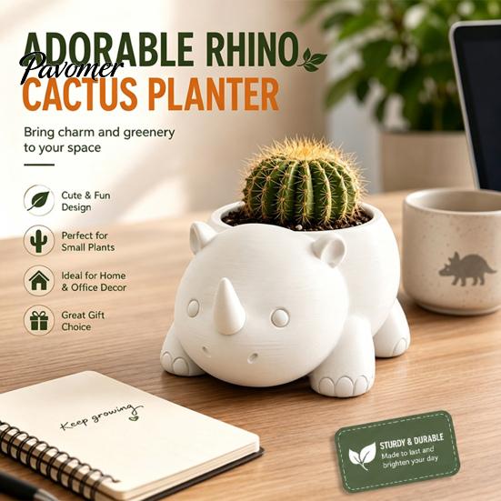 Easy Clean Small Flower Pot Cute Rhinoceros Planter, 3D Printed Rhino Pot, Decorative Animal Shape Planter Plant for Succulents Cactus Houseplants