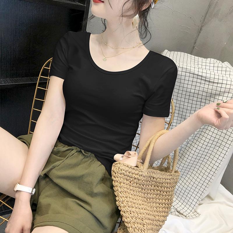 Women's White Short-Sleeve Crew Neck T-Shirt, 2024 Spring/Summer, Slim Fit, Pure Cotton, Basic Top