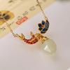 Natural An Jade Necklaces Enamel Fish-Shaped Lotus Ancient Gold Craft Pendant Light Luxury Chinese Style Retro Charm Jewelry