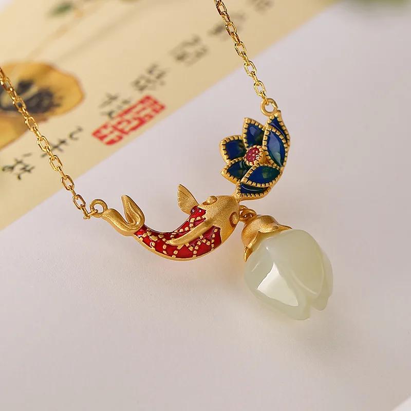 Natural An Jade Necklaces Enamel Fish-Shaped Lotus Ancient Gold Craft Pendant Light Luxury Chinese Style Retro Charm Jewelry
