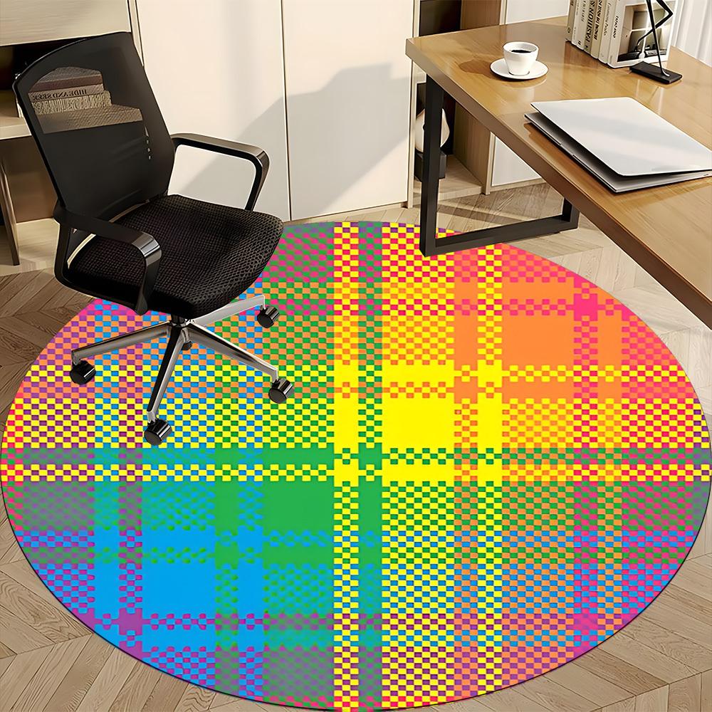 1pc Colorful Plaid Pattern Chair Carpet for Office, Round Polyester Mat, Indoor Decor for Office, Easycare Fabric, Washable Non-slip Area Carpet