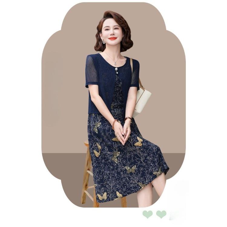 Elegantní letní šaty s krátkým rukávem pro ženy Móda pro střední věk Zeštíhlující Falešné dvoudílné Šaty pro matku