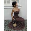 Damen Gepunktete Trägerlose Sommerkleider, Elastischer Rücken Gerafft Strandurlaub Outfits Vintage Elegant Maxikleid