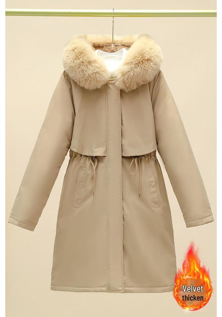 Women's Mid-Length Winter Parka: Thickened Velvet, Korean Style, Loose Fit, Large Fur Collar Cotton Jacket