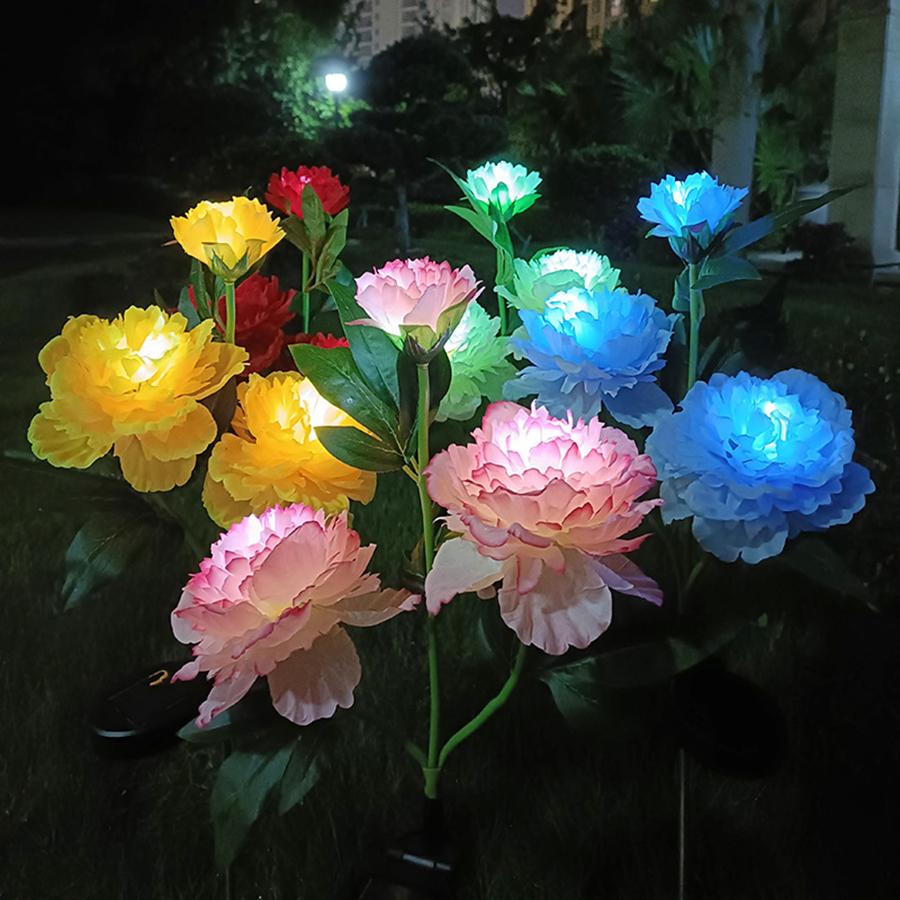 

Solar powered LED simulation peony flower ground plug light outdoor courtyard garden decorative light Red Peony