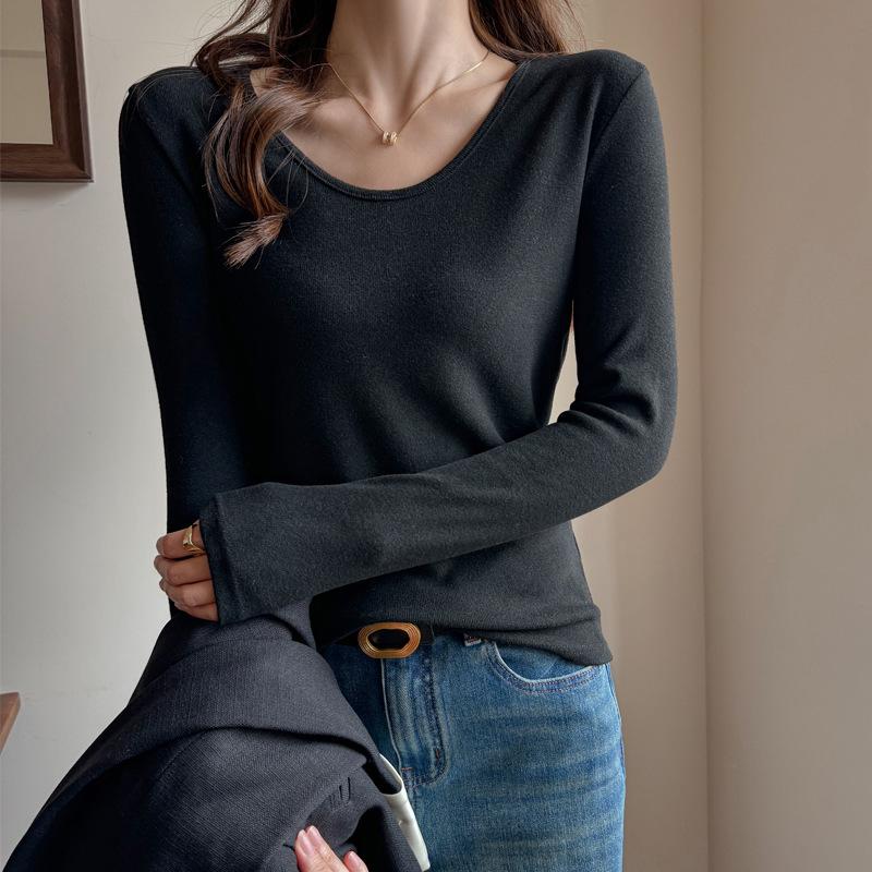 Women s White Slim-Fit Brushed Long Sleeve U-Neck T-Shirt - Autumn/Winter 2025 Collection Extra Large