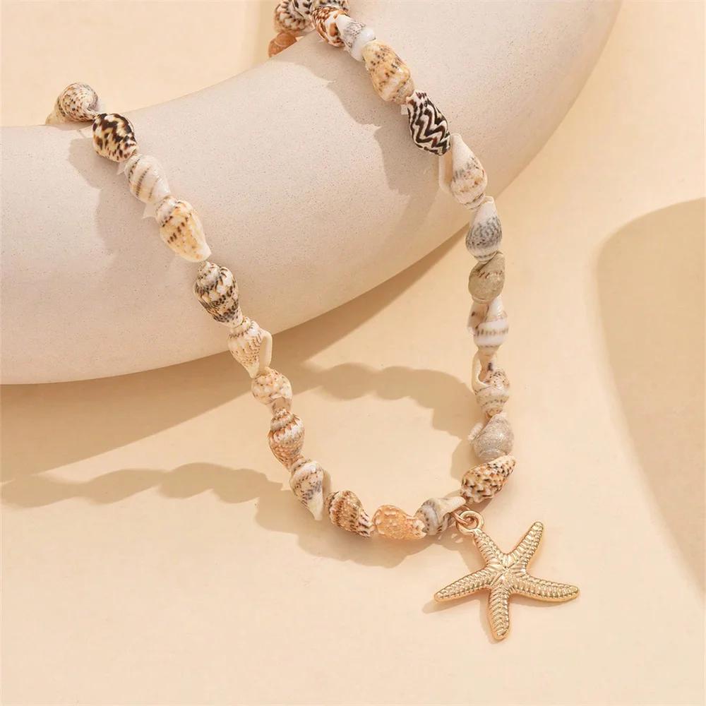 Collier Naturel Perles Coquillages Style Plage avec Pendentif Étoile de Mer Tropicale Mode Bohème Bijoux Fête Océanique Choker Femme