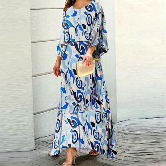 2 Pcs/Set Women Top Skirt Set Contrast Color Print Three Quarter Sleeve Loose Round Neck High Waist Ankle Length Soft Lady