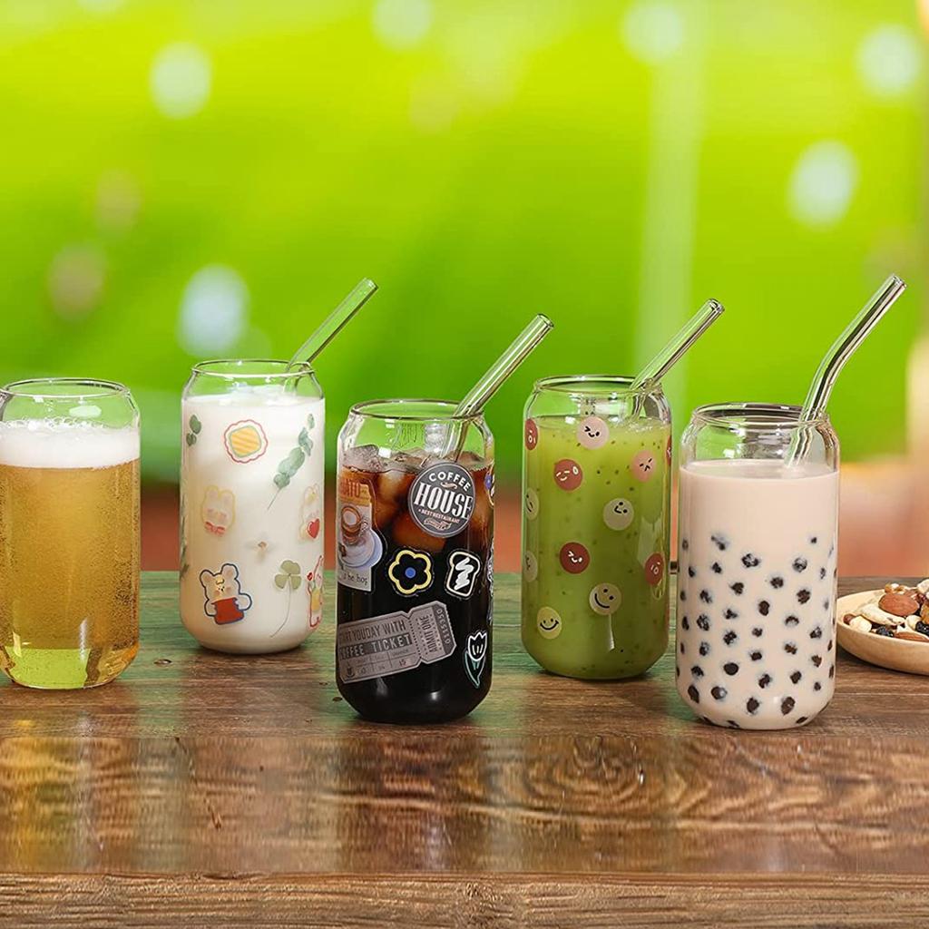 6 Stück Glas-Strohhalmbecher, Gläserbecher mit Strohhalmen und Bambusdeckeln, Trinkgläser für Kaffee, Bier, Cocktail, Wein, Soda, Cola, Glasbecher