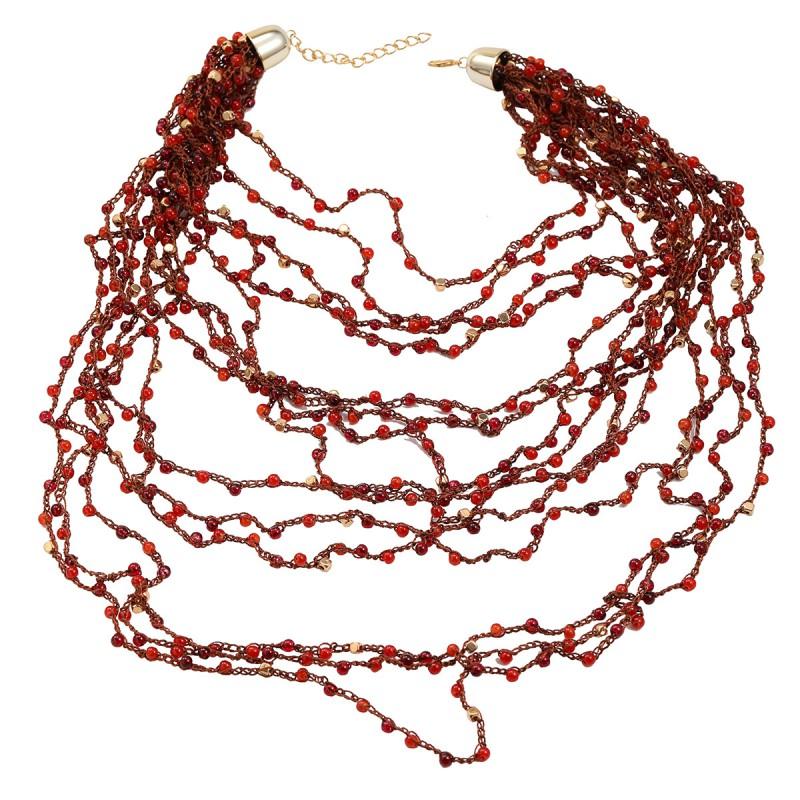 Boho Layered Red Bead Tassel Necklace Women Alloy Chain Geometric Pendant Statement Jewelry Red
