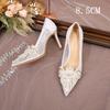French Wedding Shoes Bride Shoes Main Wedding Pearl Single Shoes Niche After Empty High Heels Female Stiletto Hollow Head Sandal