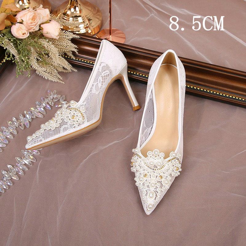 French Wedding Shoes Bride Shoes Main Wedding Pearl Single Shoes Niche After Empty High Heels Female Stiletto Hollow Head Sandal