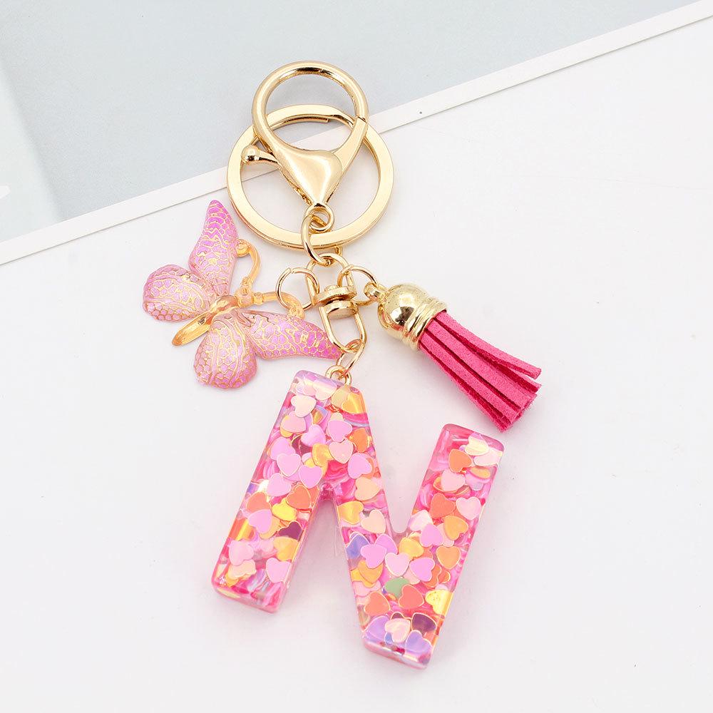 Pink Butterfly Tassel & Resin Sequin Letter Keychain - Backpack Charm for Women