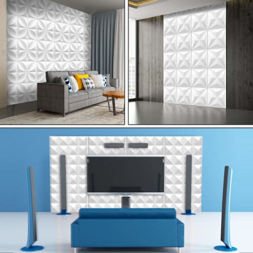 TroyStudio Acoustic Diffusion Panels - Set of 4 Acoustic Panels, 3D Wall Panels 30cm x 30cm x 2.5cm (White, Wood Leaf Pattern)