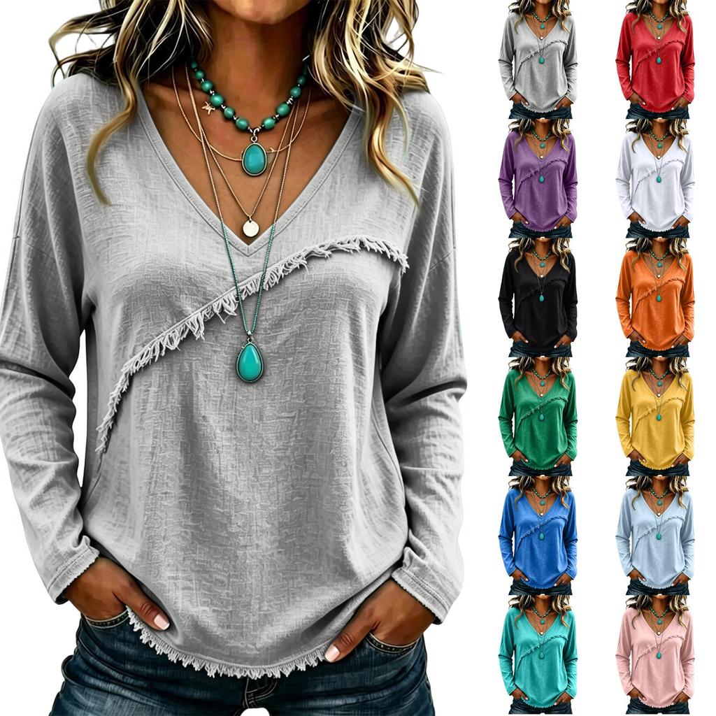 Women’s Casual Long Sleeve V Neck Top with Raw Edge Hem Loose Fit Pullover Basic Blouse for Everyday Wear