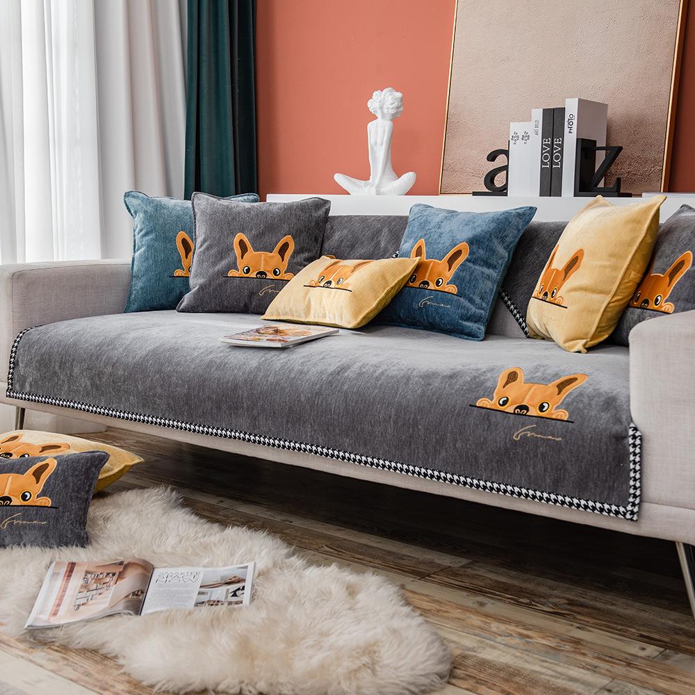 Solid Color Chenille Embroidered Sofa Cushion Four Seasons Universal Fabric Anti-slip Sofa Cushion Sofa Cover Towel Cover