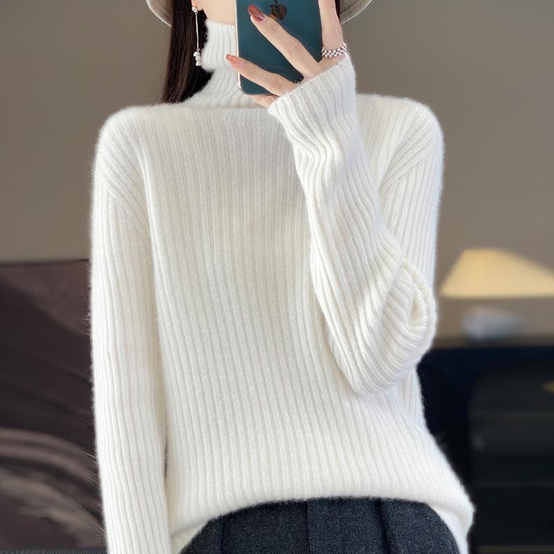 Women's High-Neck Wool Sweater: Seven-Needle Double-Strand, Thickened Vertical Rib Knit, Loose Fit, Long-Sleeved Autumn/Winter Base Layer.