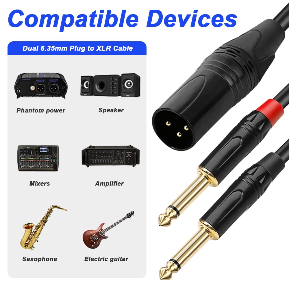 Xiatiaosann Dual 14" to XLR Male Y Splitter Cable, XLR Male to Dual 6.35mm TS Mono Male Microphone Audio Converter Cable for Mixers, Amplifiers