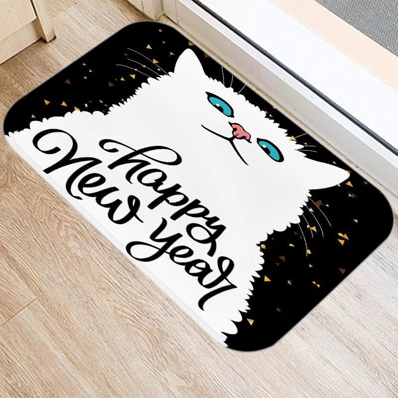 Cute Cartoon Cat Faces Carpet Black White Happy New Year Kawaii Minimalist Home Decoration Mat Rug Welcome Mat Door Floor Mat