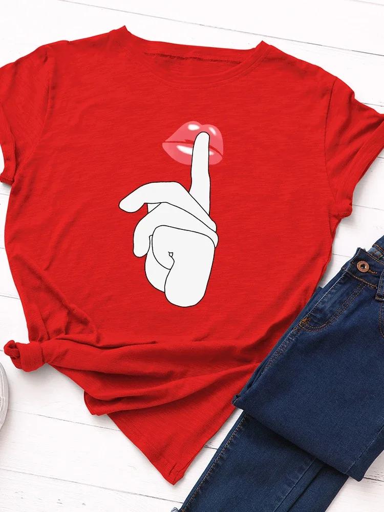 Zischen Zeichen Roter Lippenabdruck Damen T-Shirt Kurzarm O-Ausschnitt Locker Damen T-Shirt Damen T-Shirt Oberteile Kleidung Camisetas Mujer