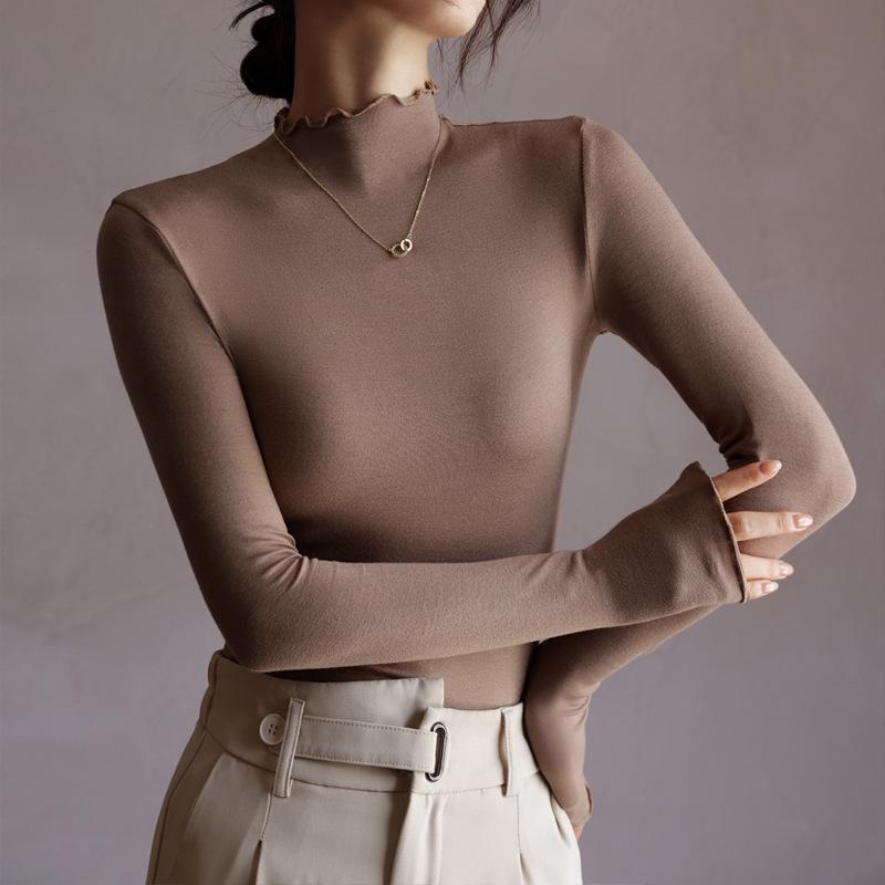 Elegantly Designed Women's Ruffle-Edged Half-High Neck Long-Sleeve Top for Autumn/Winter