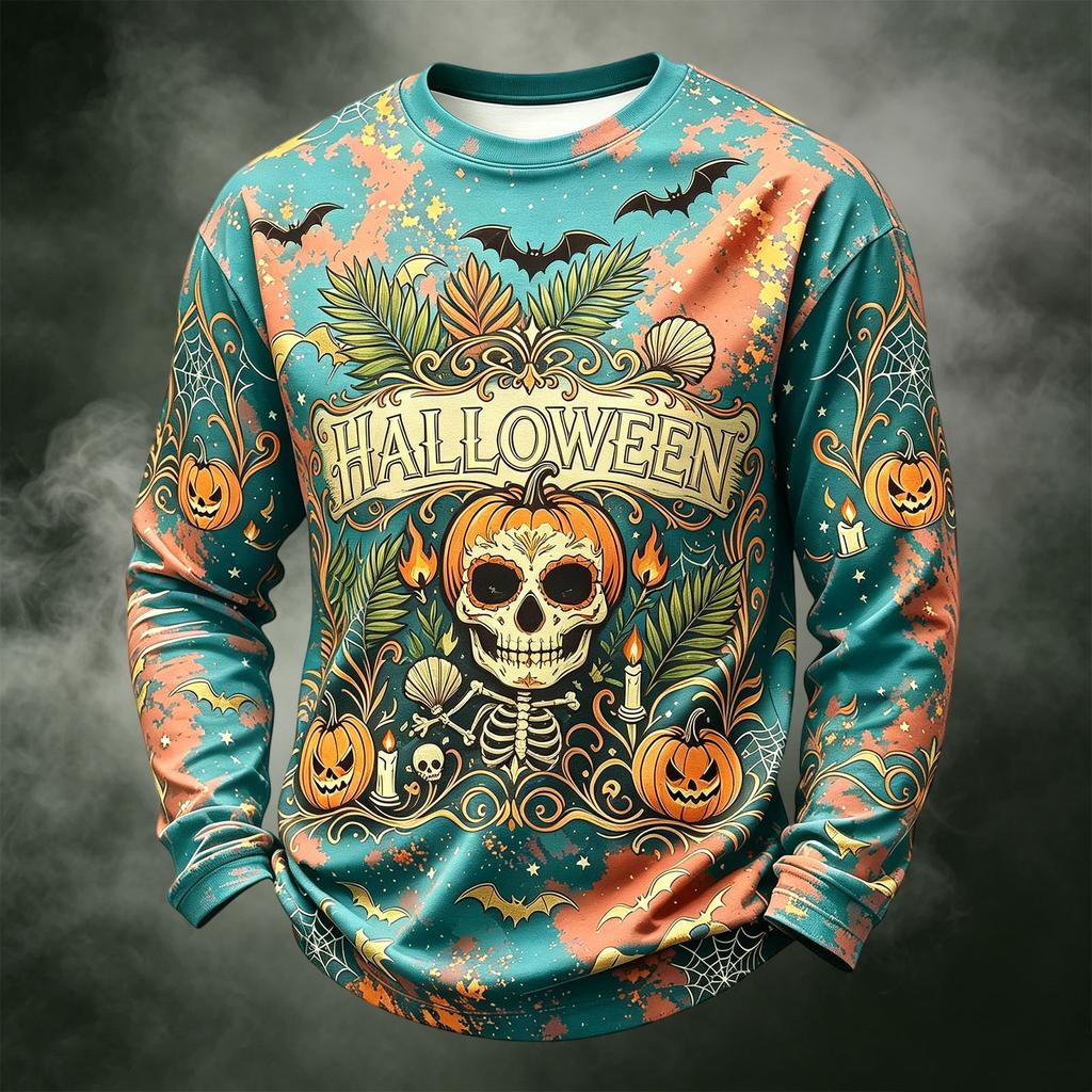 Men's Casual Long Sleeve Crewneck Knit Shirt with Halloween Print