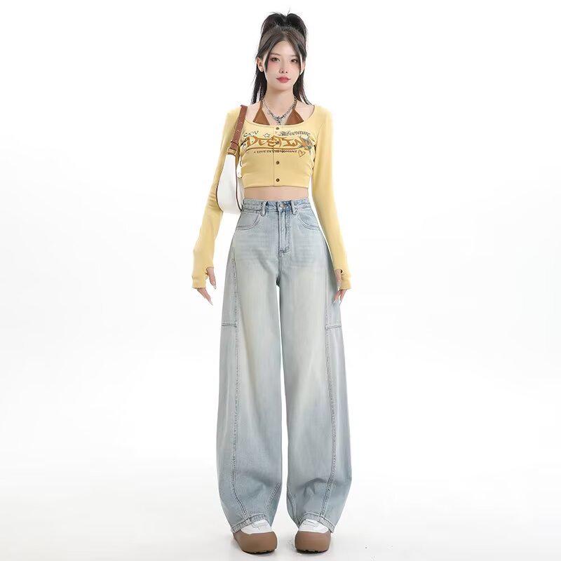 

Женские джинсы с высокой посадкой и прямыми штанинами - Прилегающий, свободный крой для весны/зимы 2024 3XL светло-синий