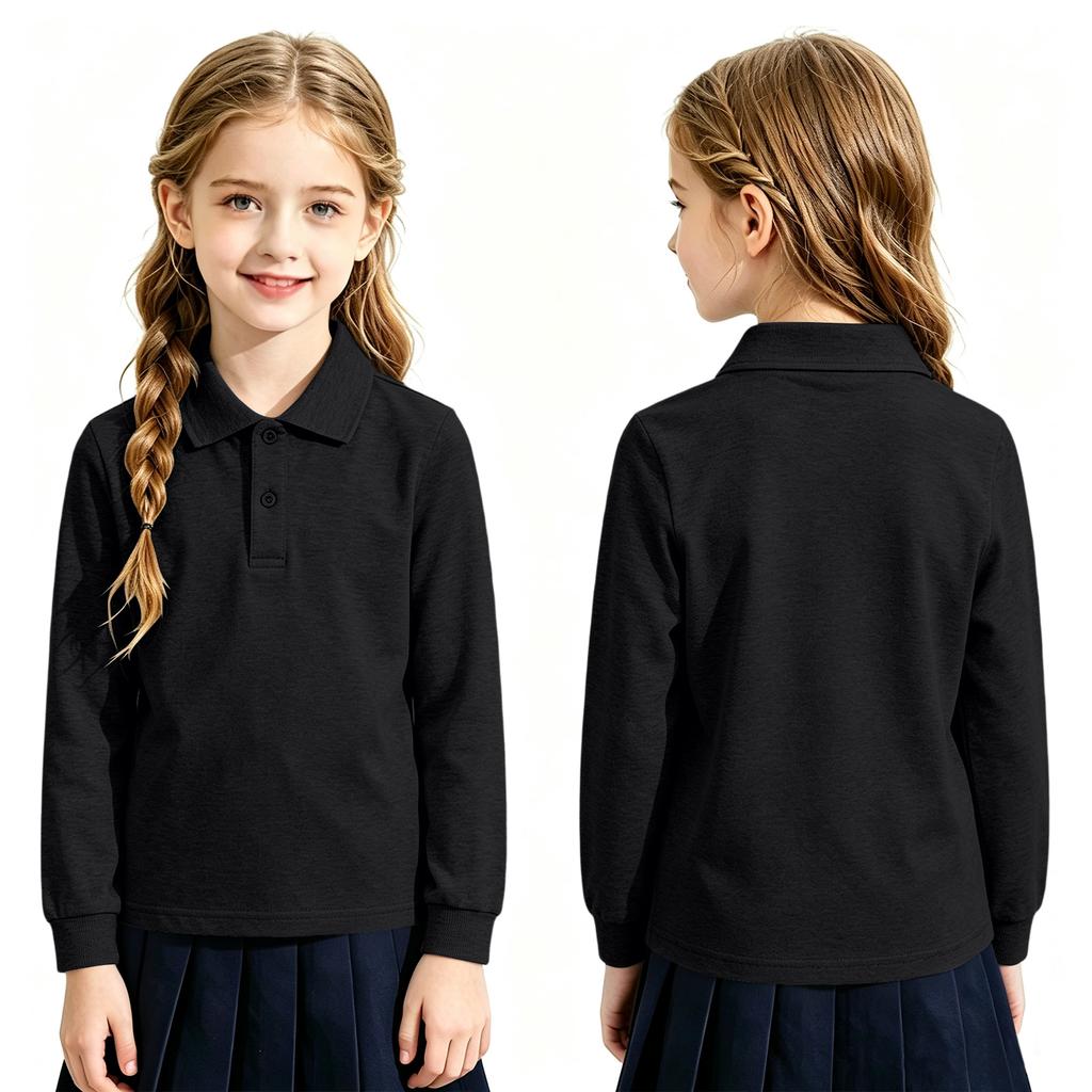 Children's Long Sleeve Cotton Shirt with Collar for School Uniform Tee