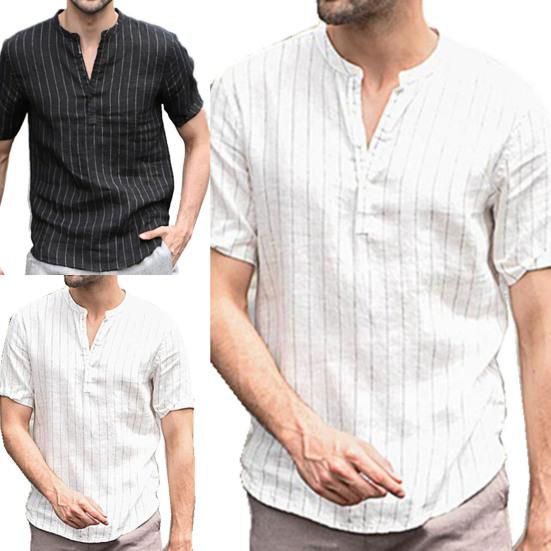 Męska koszulka z krótkim rękawem w paski z dekoltem w serek, stójką, casualowy T-shirt, odzież męska