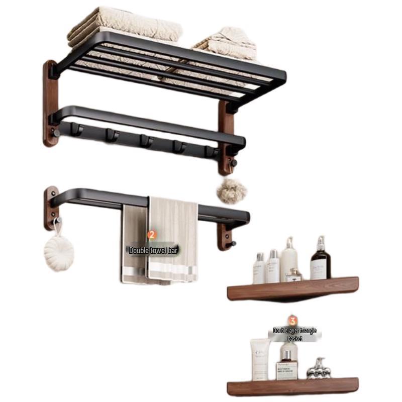 HANDUNYOU Black Walnut Bathroom Towel Rack & Storage 3-Piece Set
