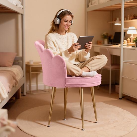 Stabiler Akzentstuhl mit goldenen Beinen, Samt mit Metallbeinen, Muschelförmige Rückenlehne, Schminktisch-Sessel, Polsterter Gästesessel, für Zuhause, Büro, Wohnzimmer, Schlafzimmer