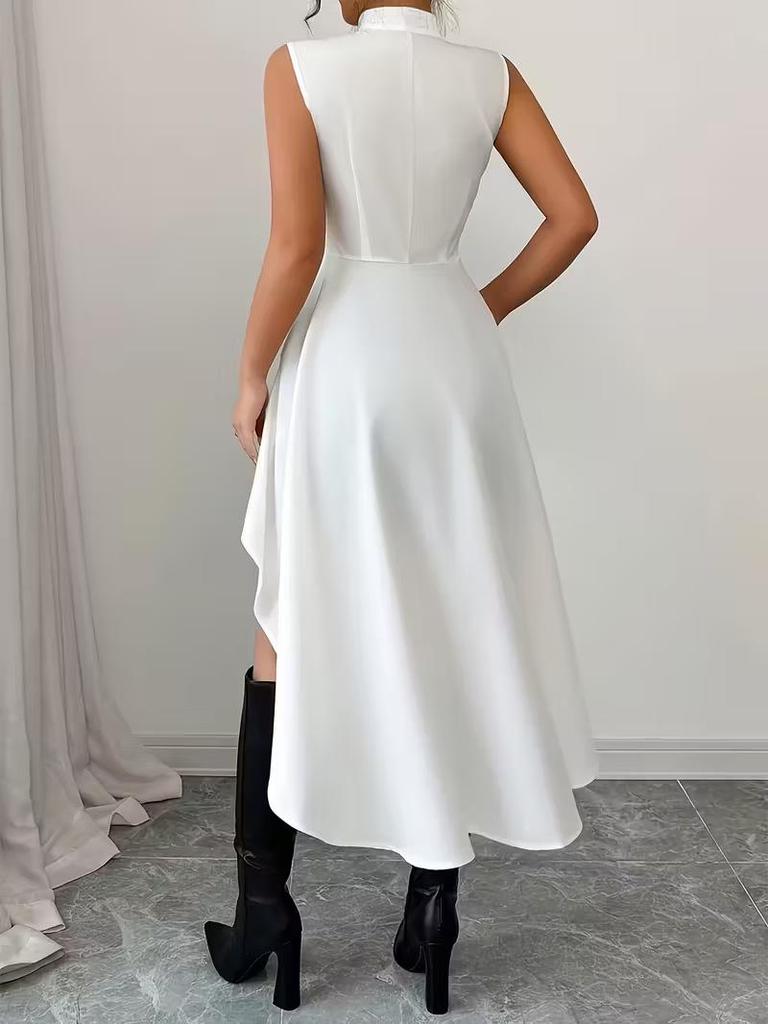 Women's Stand Collar Sleeveless High-Low Hem Shirt with Cinched Waist