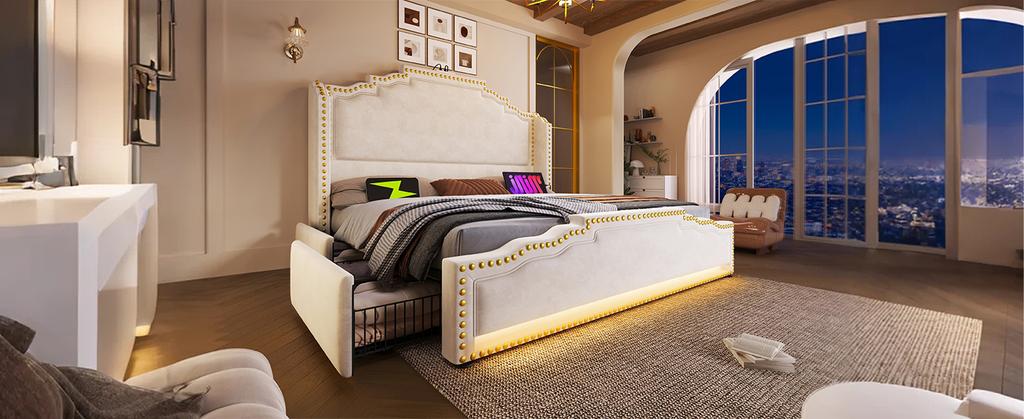 Upholstered Bed 140×200, Double Bed with 4 Drawers, LED Lighting USB-C Charging Port, Youth Bed with Slatted Base, Velvet, Beige, Without Mattress
