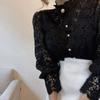 Women Chiffon Button Turtleneck Shirt Chic Elegant Floral Lace Fluffy Long Sleeve Top Fashion Hollow Oversize White Blouse