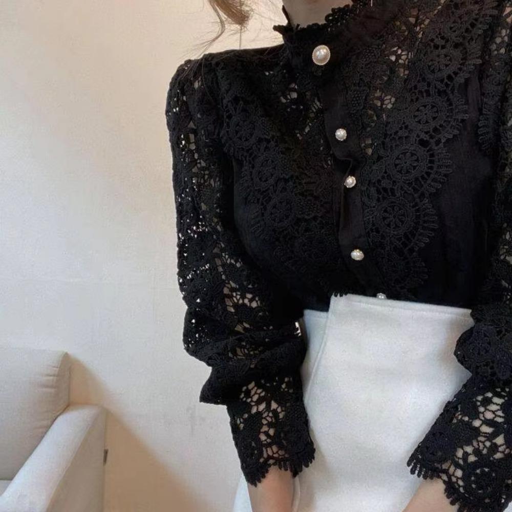 Women Chiffon Button Turtleneck Shirt Chic Elegant Floral Lace Fluffy Long Sleeve Top Fashion Hollow Oversize White Blouse