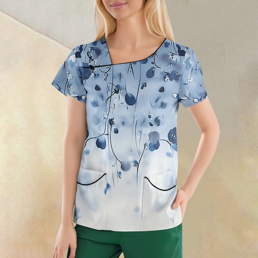 Women's Casual  Print Short Sleeve Sloping Collar Workwear Top With Double Pockets