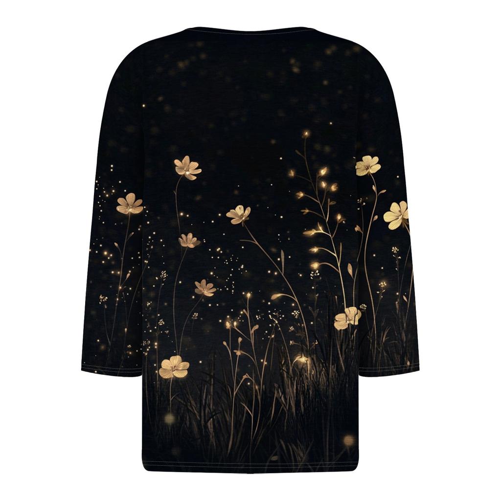 Women's Fashion Casual Flowers Print V-Neck Decorative Button Three-quarter Sleeve T-Shirt Top