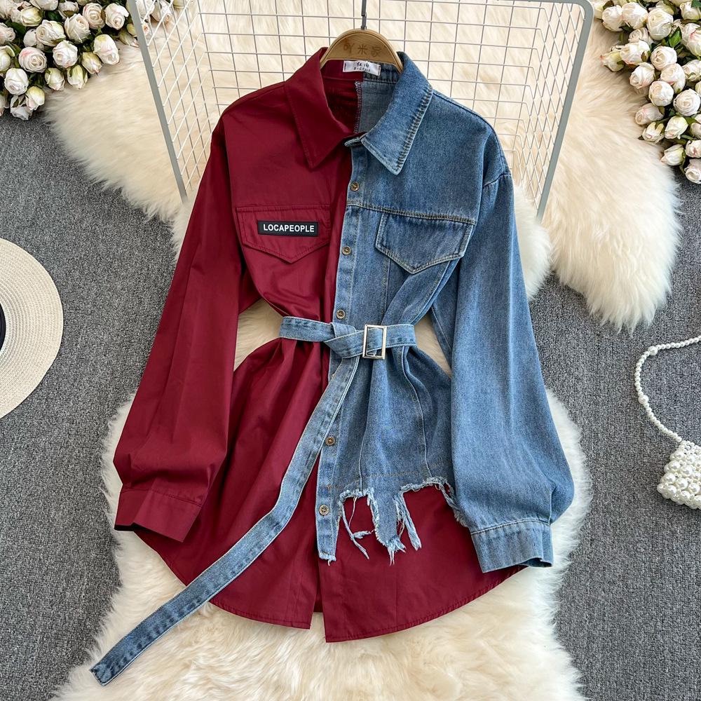 

Джинсовая рубашка с поясом в винтажном стиле для женщин - шикарный повседневный топ средней длины One Size вино красного